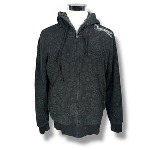 Billabong Hoodie Men’s XL Black Skull Paisley AOP Zip Y2K Script Sherpa‎ Lined